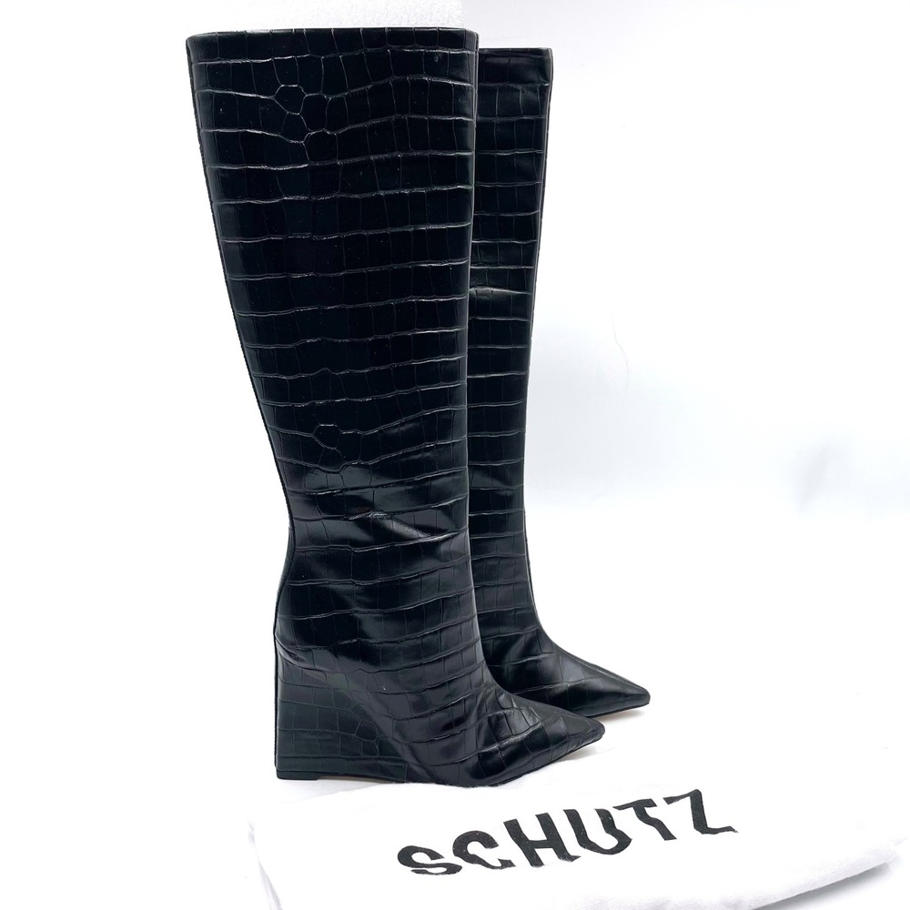 Schutz‎ Asya Up Boots Black Croc Embossed Leather Knee High Wedge Sz 8.5 WIDE